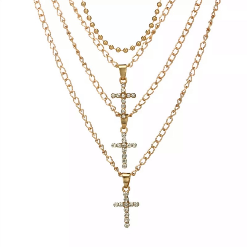 ✨Rhinestone Cross Gold Layered Necklace - Picture 4 of 8